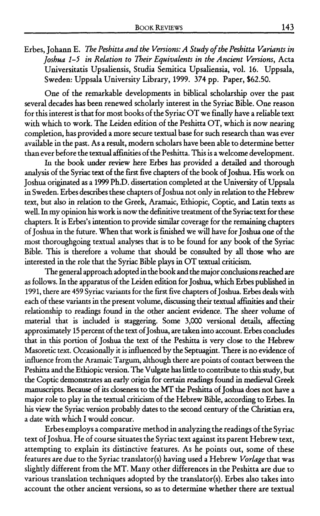 Erbes, Johann E. the Peshitta and the Versions