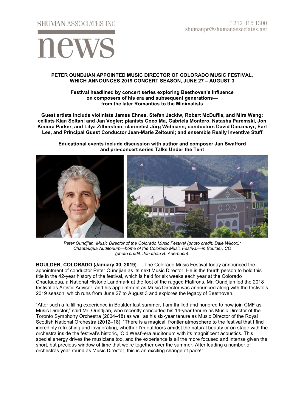 Peter Oundjian Appointed Music Director of Colorado Music Festival, Which Announces 2019 Concert Season, June 27 – August 3