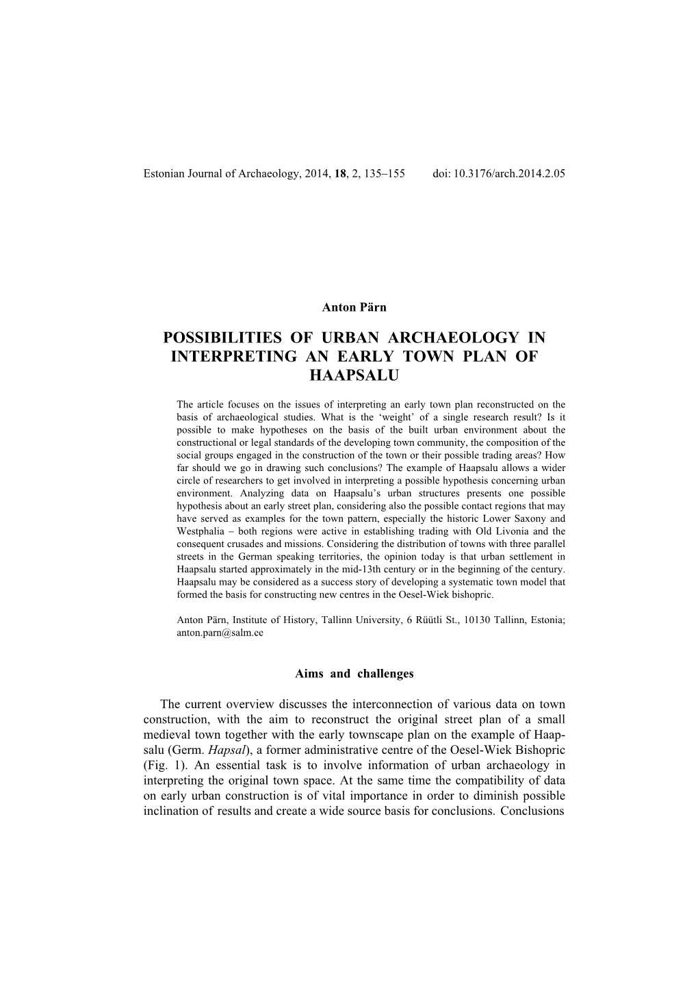 Possibilities of Urban Archaeology in Interpreting an Early Town Plan of Haapsalu