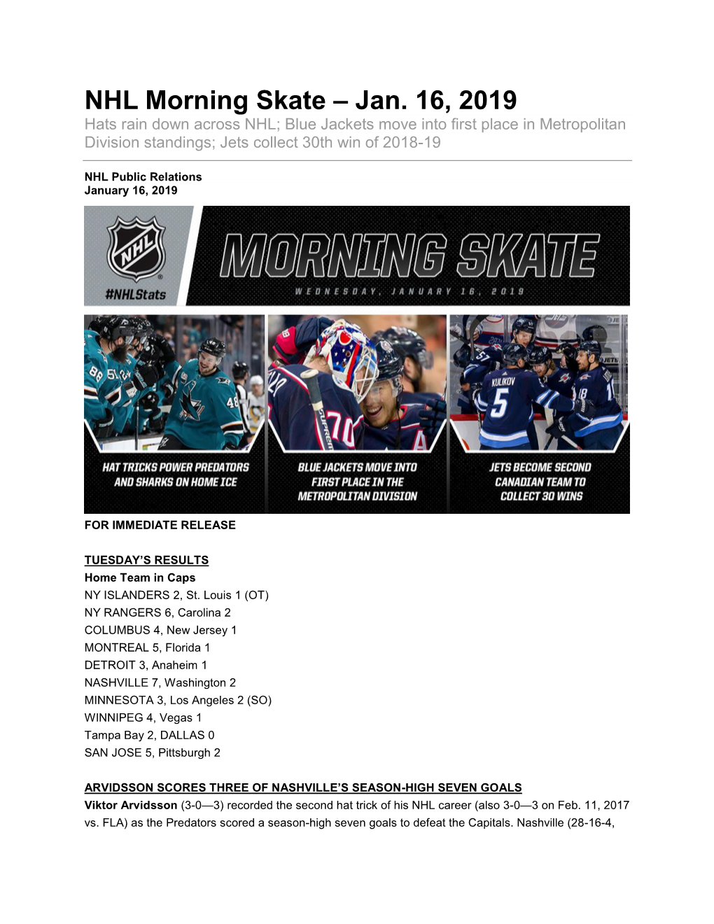 NHL Morning Skate – Jan. 16, 2019 Hats Rain Down Across NHL; Blue Jackets Move Into First Place in Metropolitan Division Standings; Jets Collect 30Th Win of 2018-19