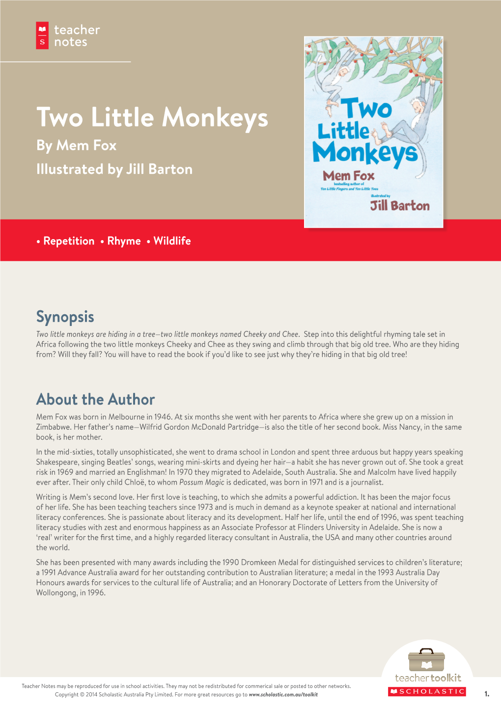Two Little Monkeys by Mem Fox Illustrated by Jill Barton