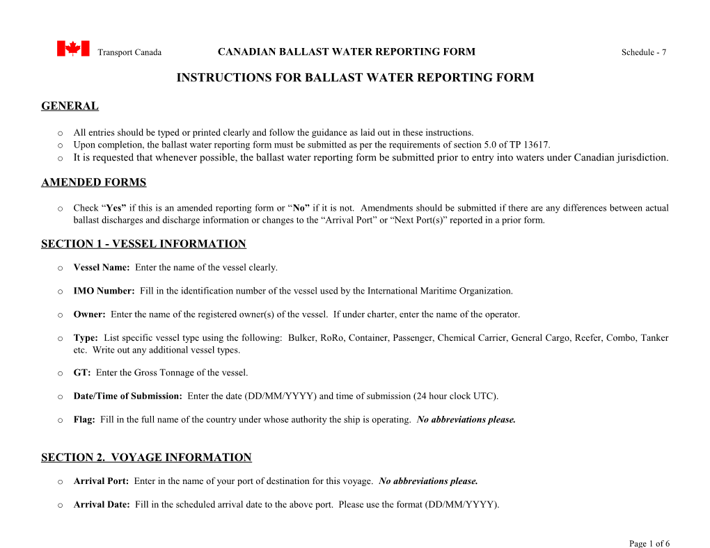 Instructions for Ballast Water Reporting Form