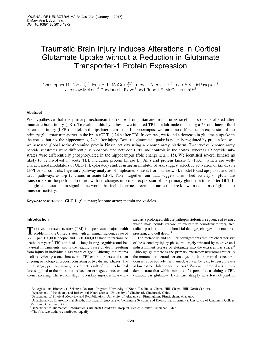Traumatic Brain Injury Induces Alterations in Cortical Glutamate Uptake Without a Reduction in Glutamate Transporter-1 Protein Expression
