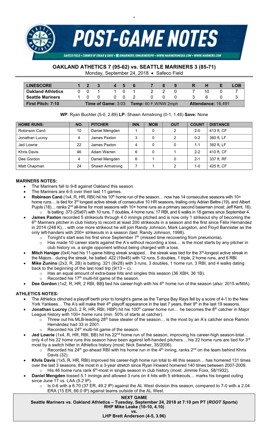 Vs. SEATTLE MARINERS 3 (85-71) Monday, September 24, 2018 • Safeco Field