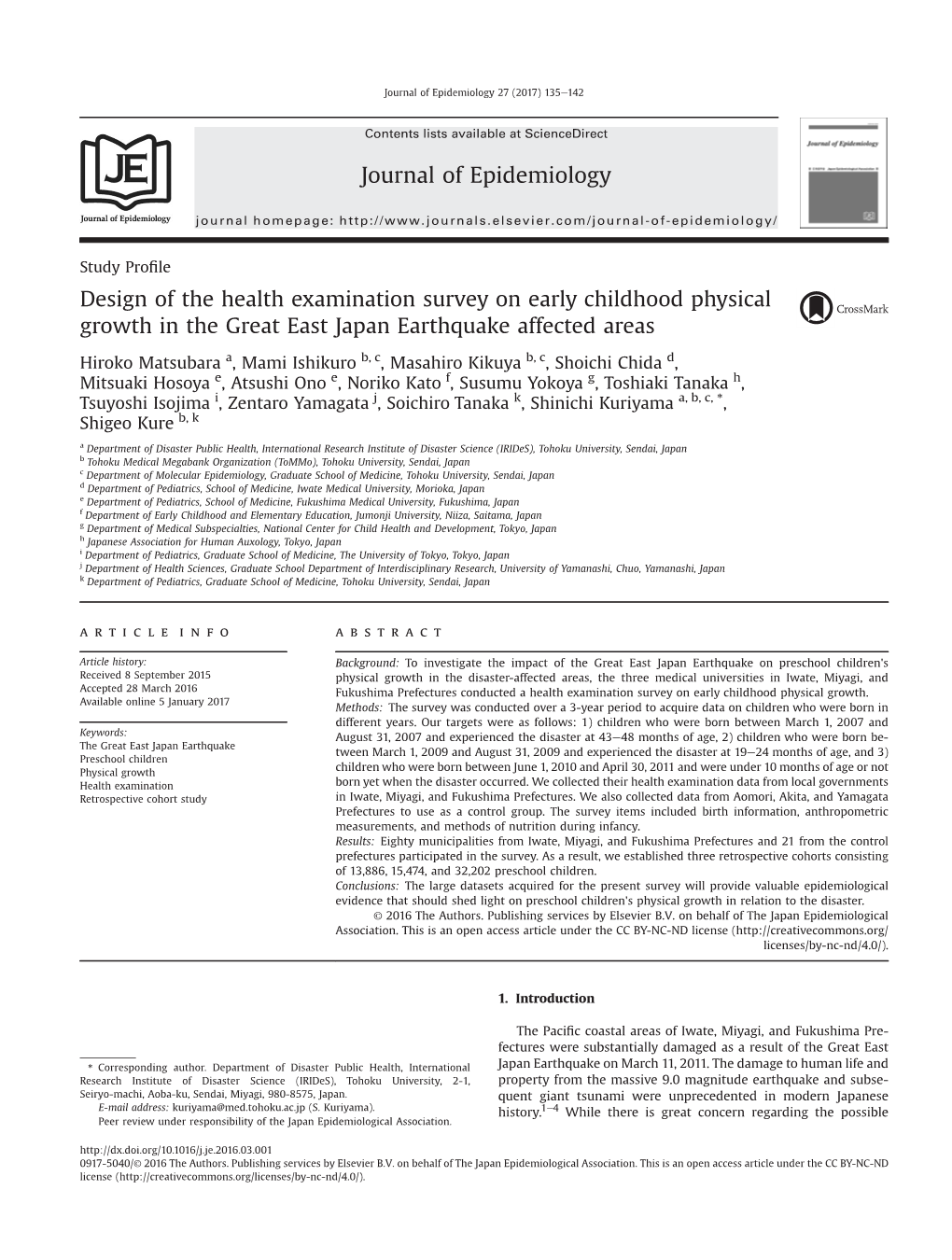 Design of the Health Examination Survey on Early Childhood Physical Growth in the Great East Japan Earthquake Affected Areas