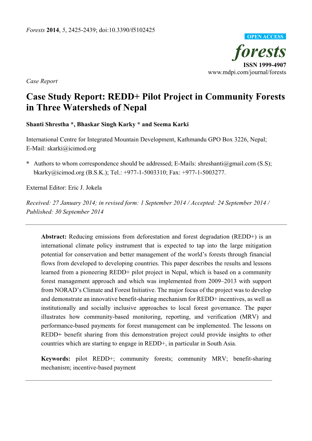 REDD+ Pilot Project in Community Forests in Three Watersheds of Nepal