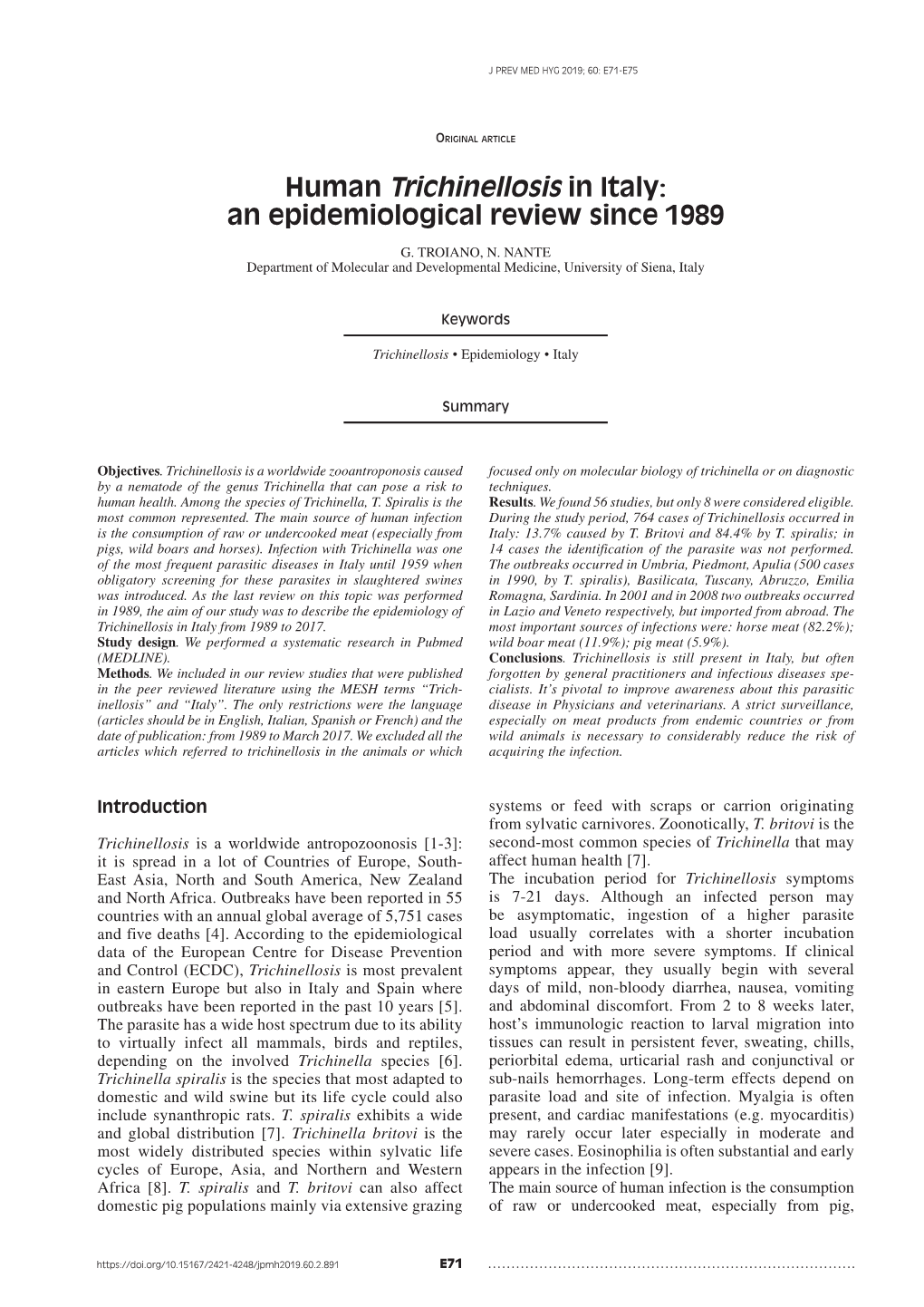 Human Trichinellosis in Italy: an Epidemiological Review Since 1989