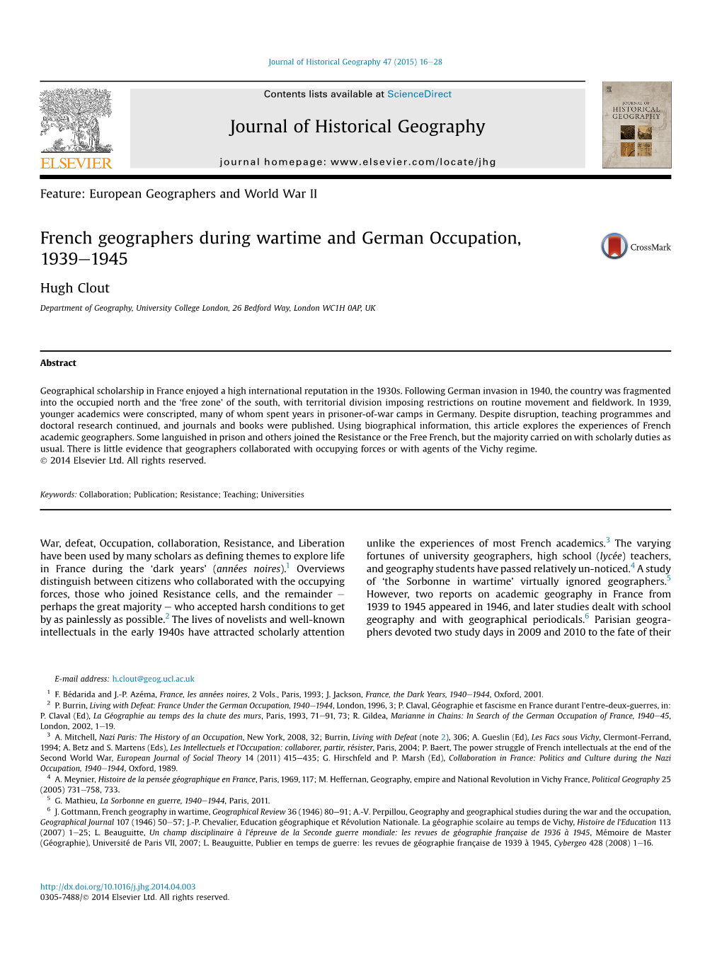 French Geographers During Wartime and German Occupation, 1939-1945