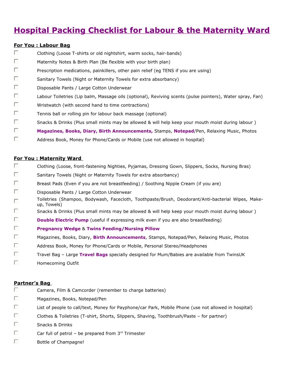 Hospital Packing Checklist for Labour & the Maternity Ward