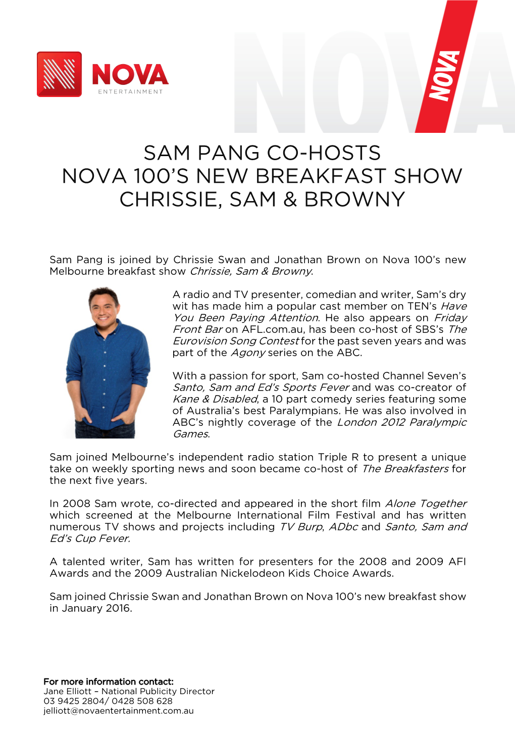 Sam Pang Co-Hosts Nova 100'S New Breakfast Show