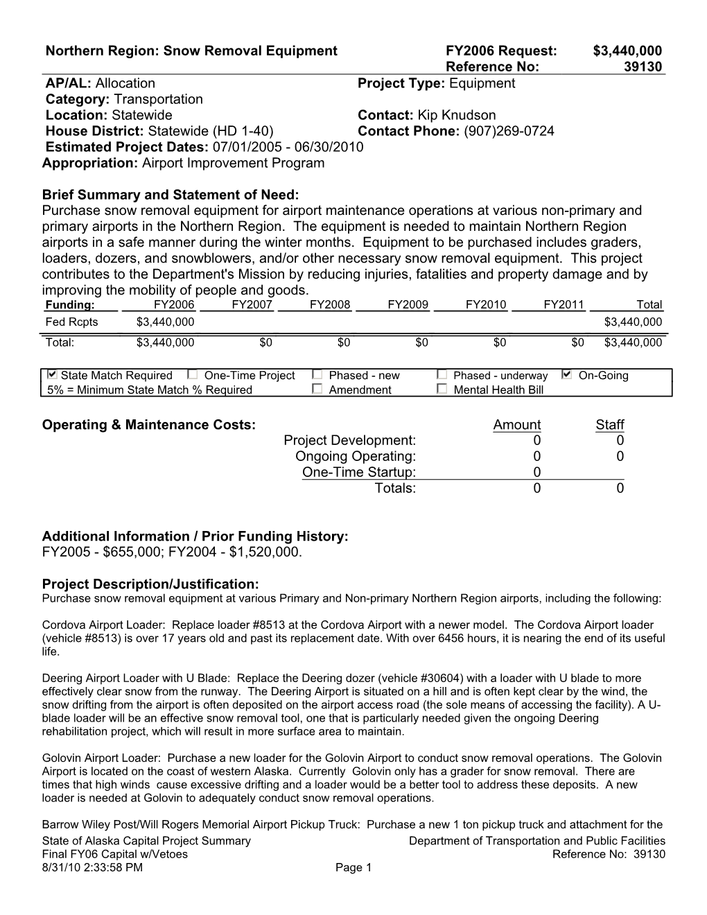 Snow Removal Equipment FY2006 Request