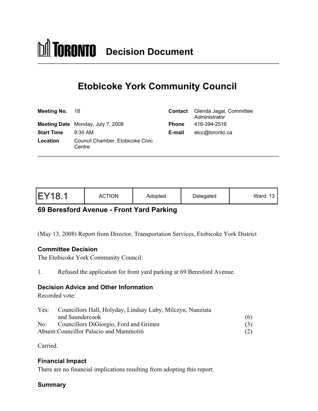 Decision Document Etobicoke York Community Council EY18.1