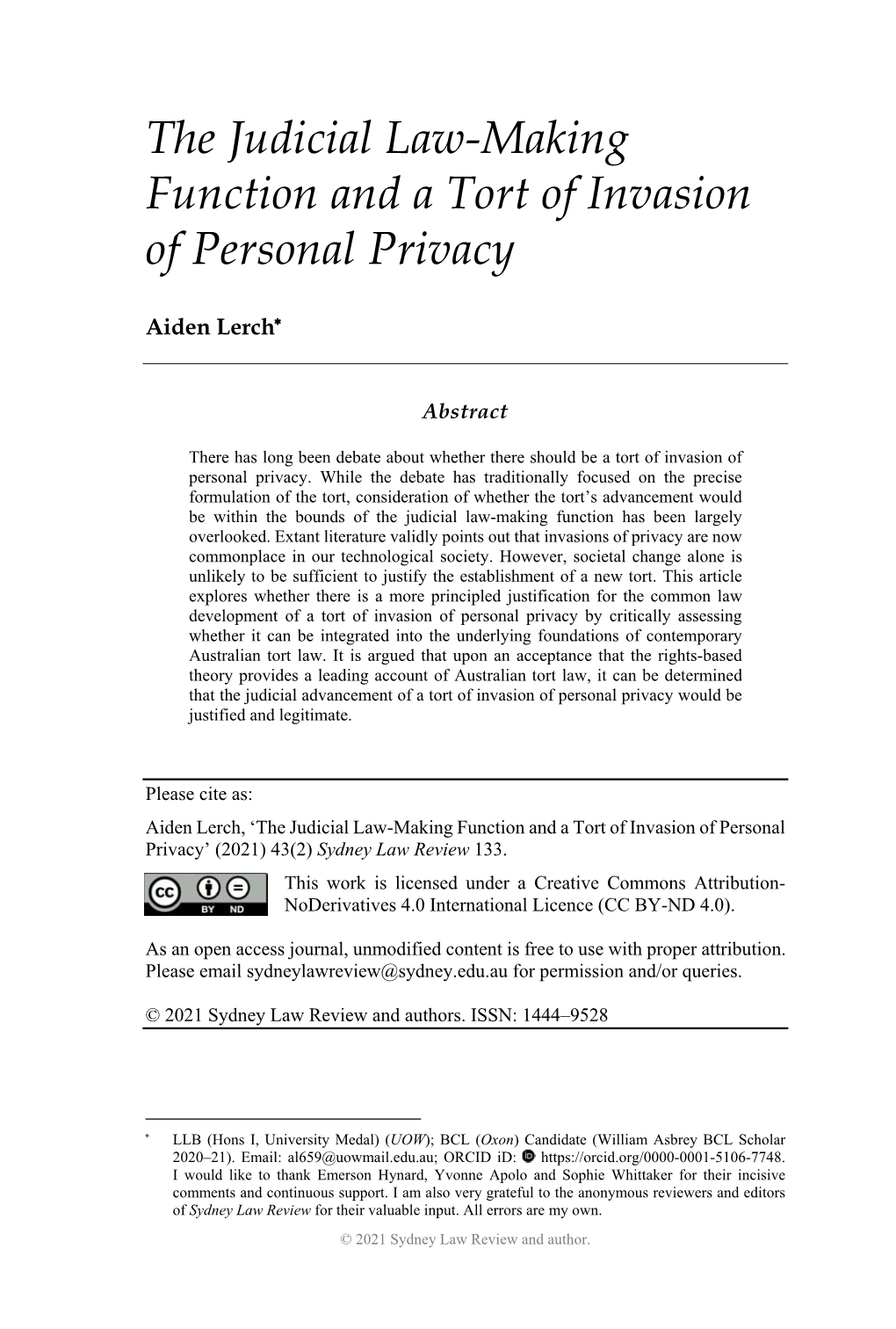 The Judicial Law-Making Function and a Tort of Invasion of Personal Privacy