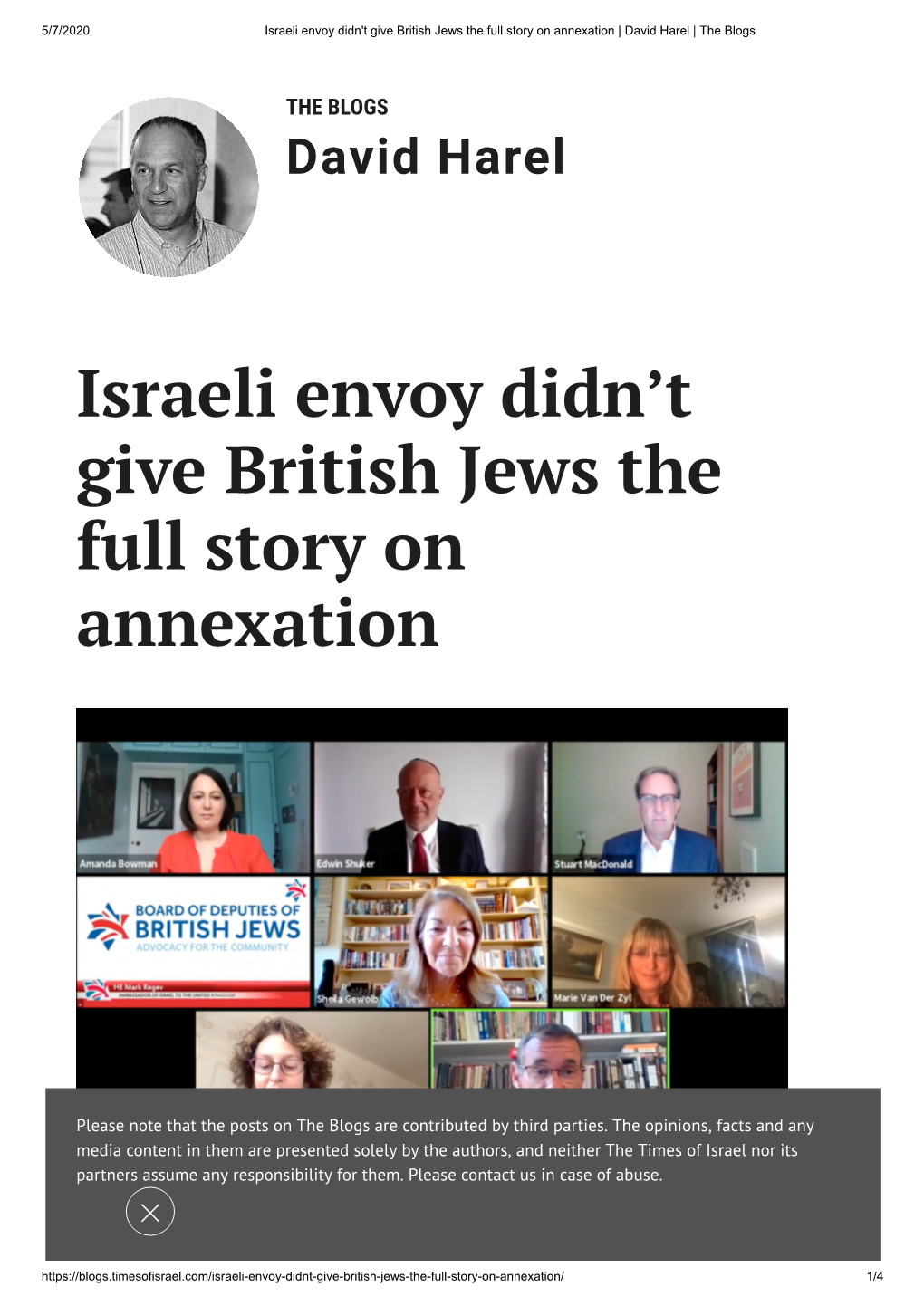 Israeli Envoy Didn't Give British Jews the Full Story on Annexation | David Harel | the Blogs