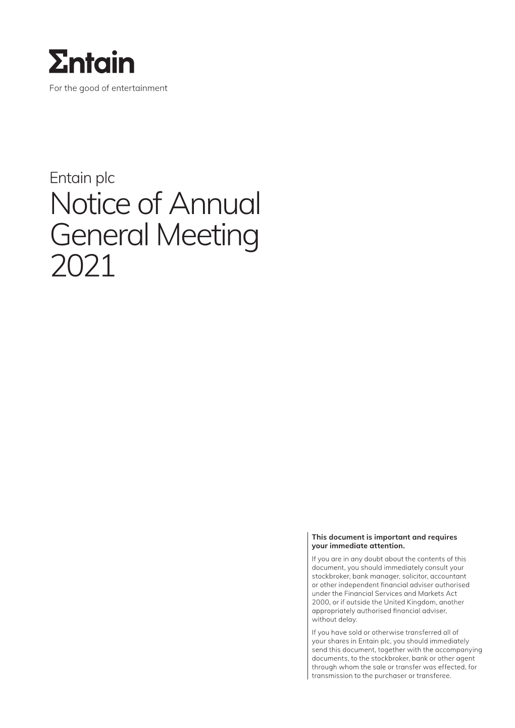Entain Plc Notice of Annual General Meeting 2021