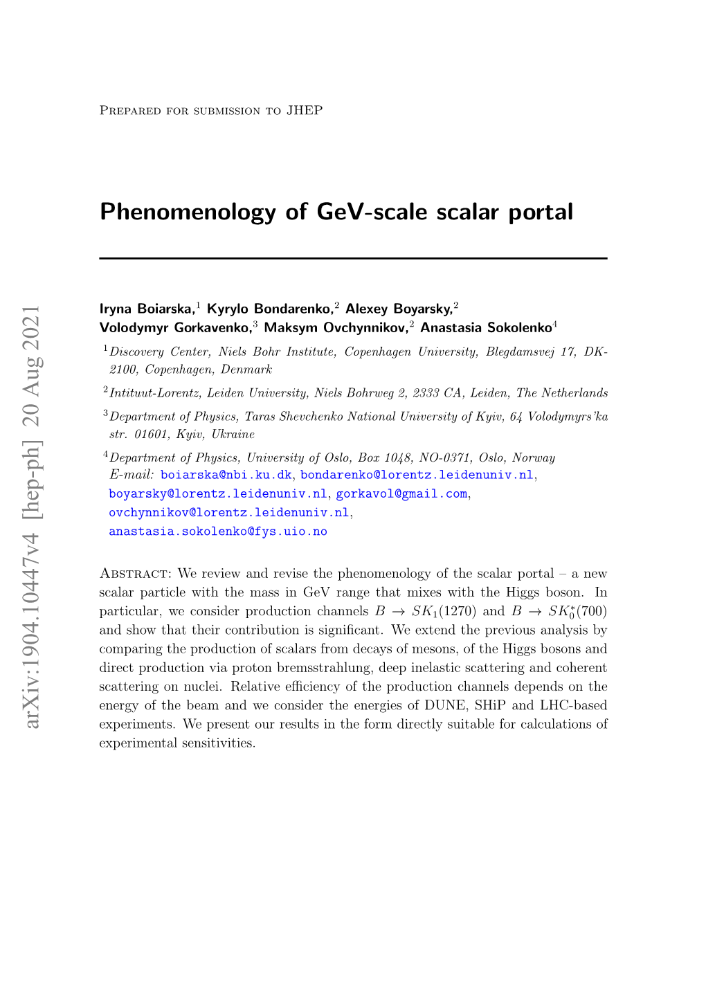 Phenomenology of Gev-Scale Scalar Portal Arxiv:1904.10447V3 [Hep-Ph] 5 Dec 2019