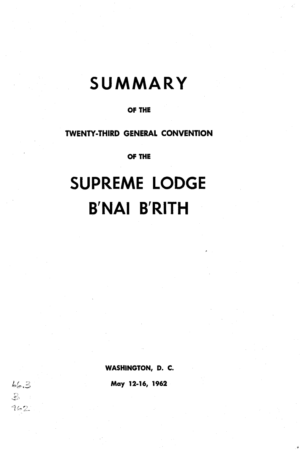 Summary Supreme Lodge B Nai Brith