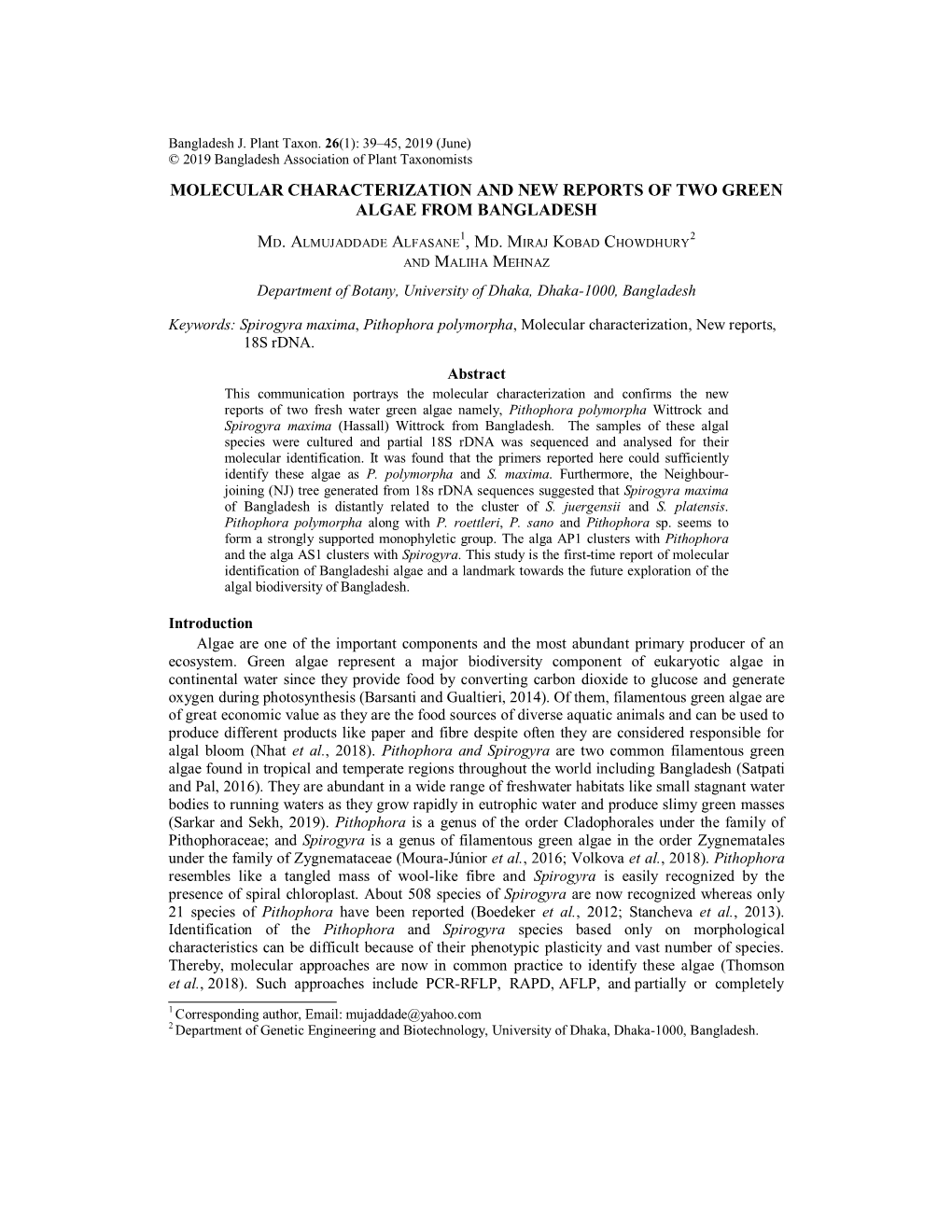 Molecular Characterization and New Reports of Two Green Algae from Bangladesh