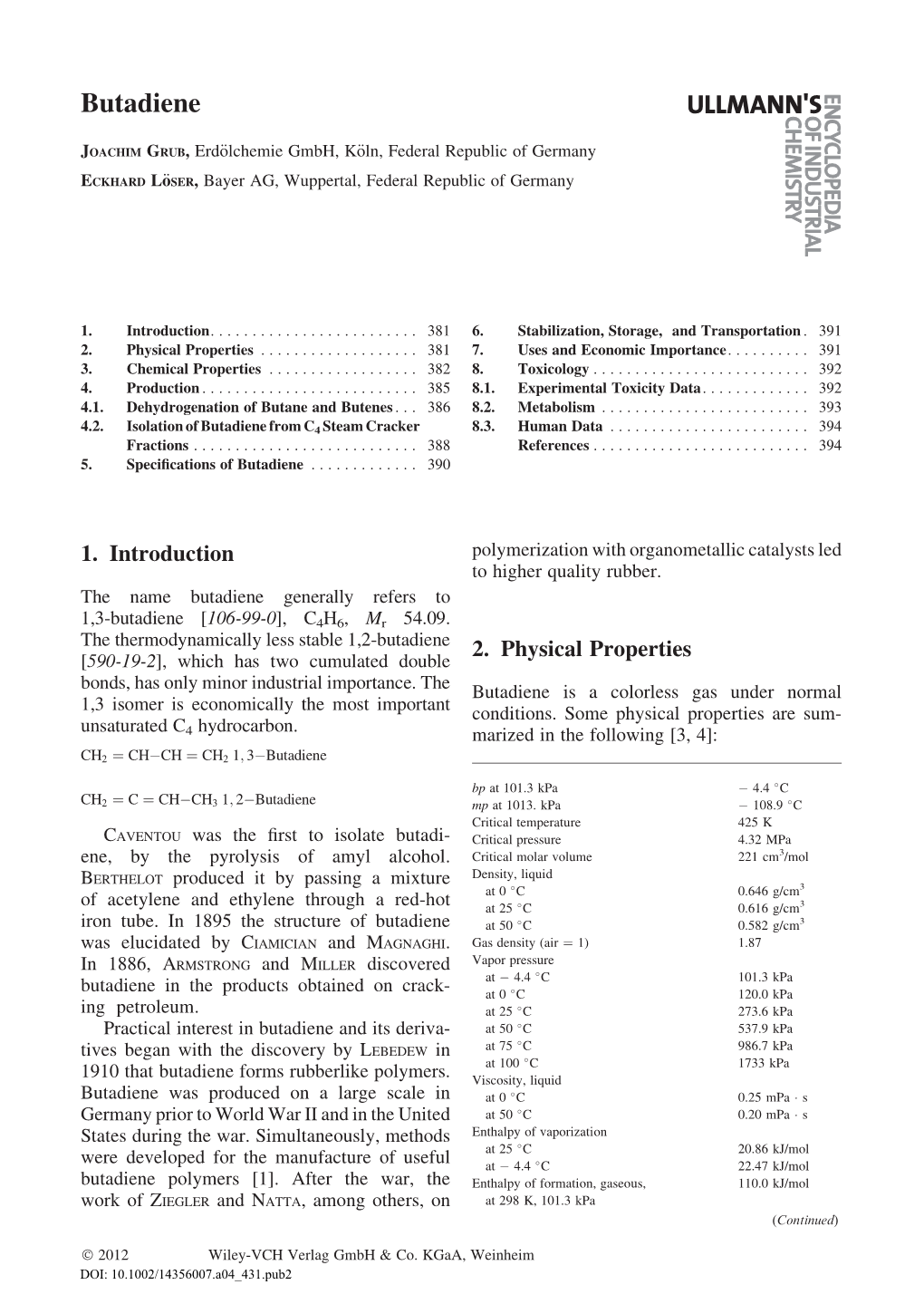 "Butadiene," In: Ullmann's Encyclopedia of Industrial Chemistry