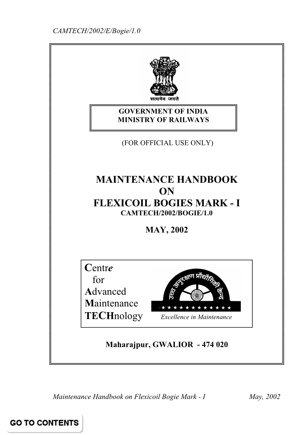 Maintenance Handbook on Flexicoil Bogies Mark - I Camtech/2002/Bogie/1.0