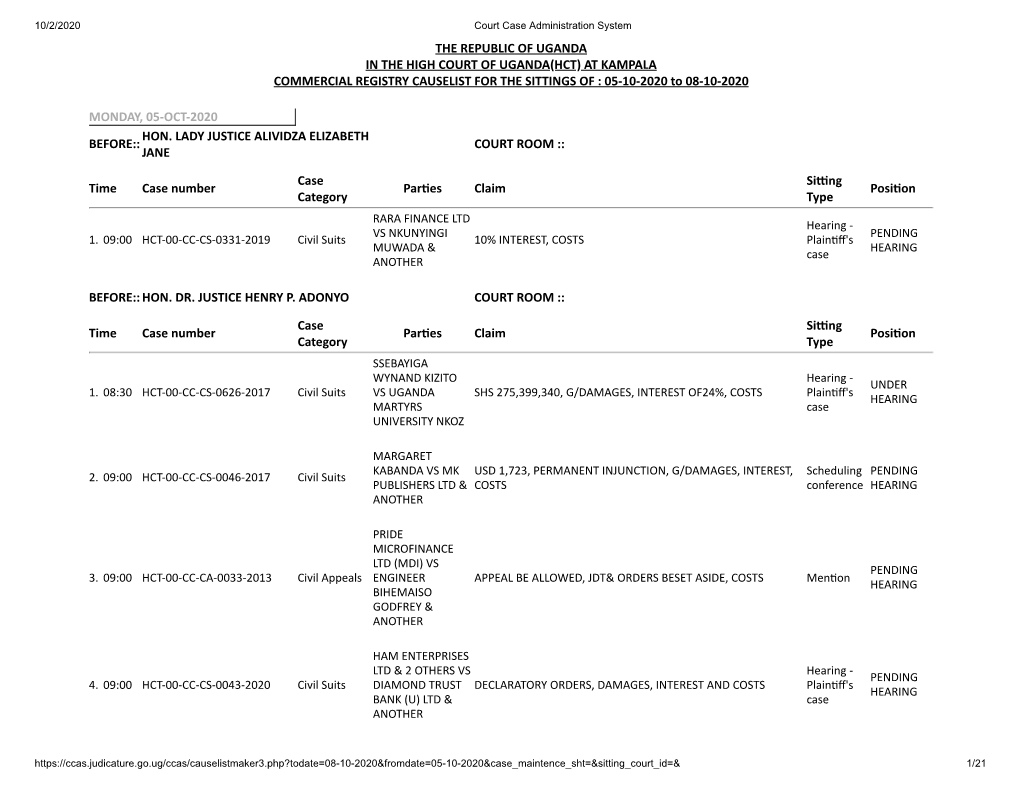 THE REPUBLIC of UGANDA in the HIGH COURT of UGANDA(HCT) at KAMPALA COMMERCIAL REGISTRY CAUSELIST for the SITTINGS of : 05-10-2020 to 08-10-2020