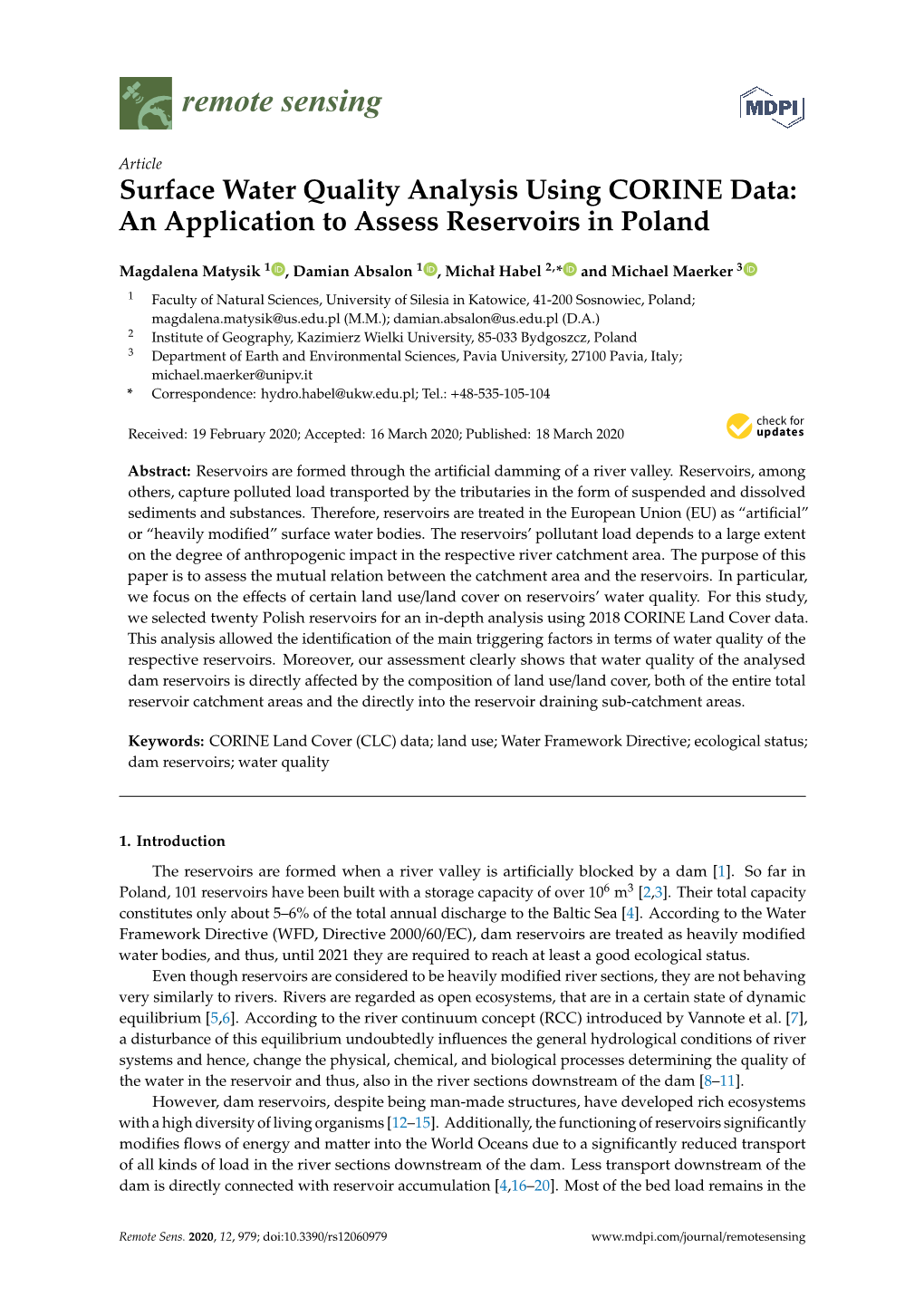 Surface Water Quality Analysis Using CORINE Data: an Application to Assess Reservoirs in Poland