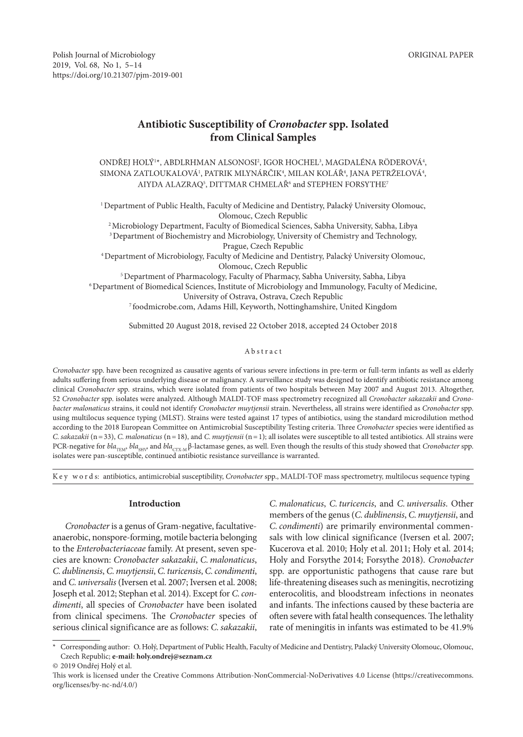 Antibiotic Susceptibility of Cronobacter Spp. Isolated from Clinical Samples