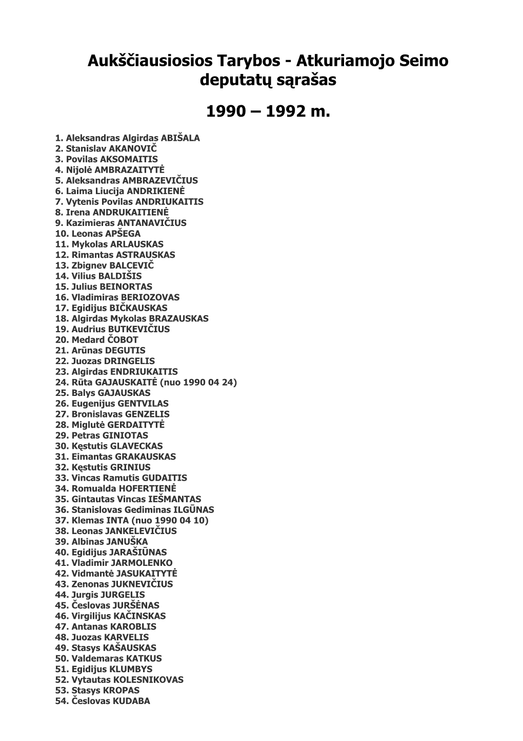 Aukščiausiosios Tarybos - Atkuriamojo Seimo Deputatų Sąrašas 1990 – 1992 M