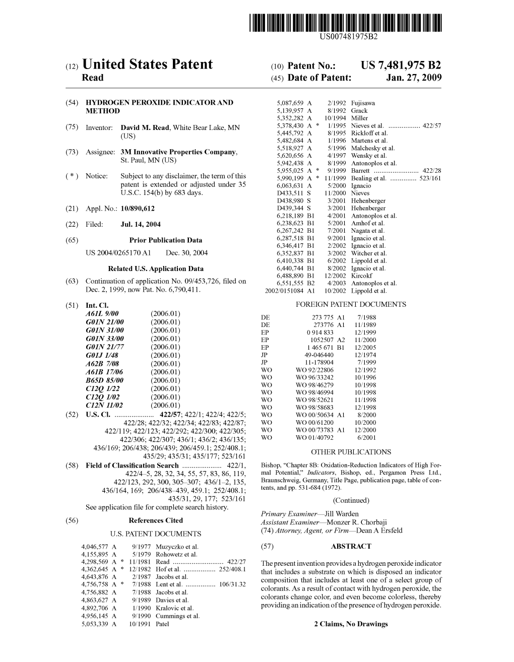 (12) United States Patent (10) Patent No.: US 7481,975 B2 Read (45) Date of Patent: Jan