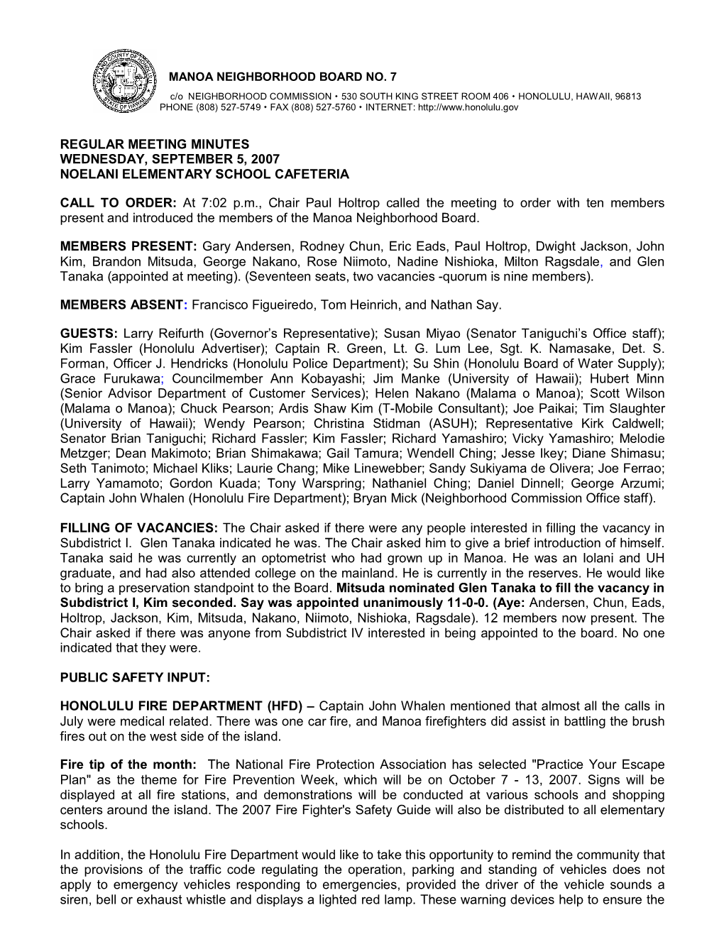 Regular Meeting Minutes Wednesday, September 5, 2007 Noelani Elementary School Cafeteria