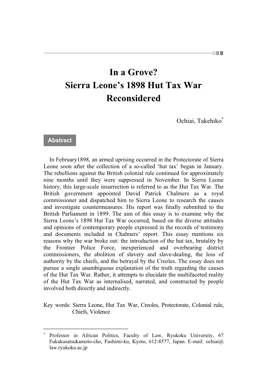 Sierra Leone's 1898 Hut Tax War Reconsidered