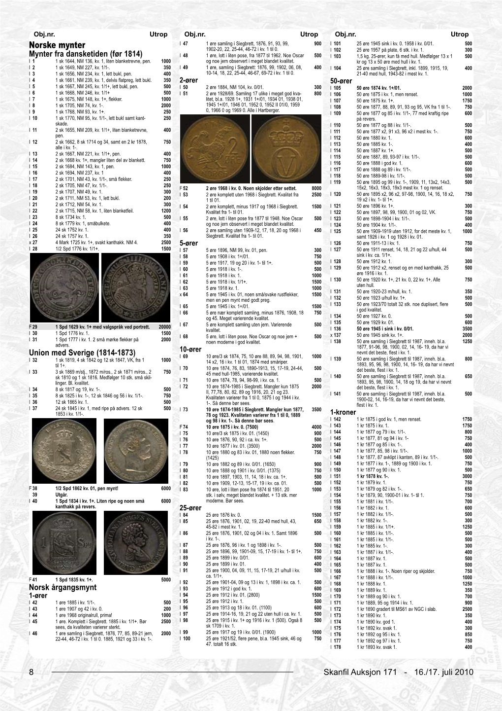 Norske Mynter I 47 1 Øre Samling I Siegbrett, 1876, 91, 93, 99, 900 I 101 25 Øre 1945 Sink I Kv