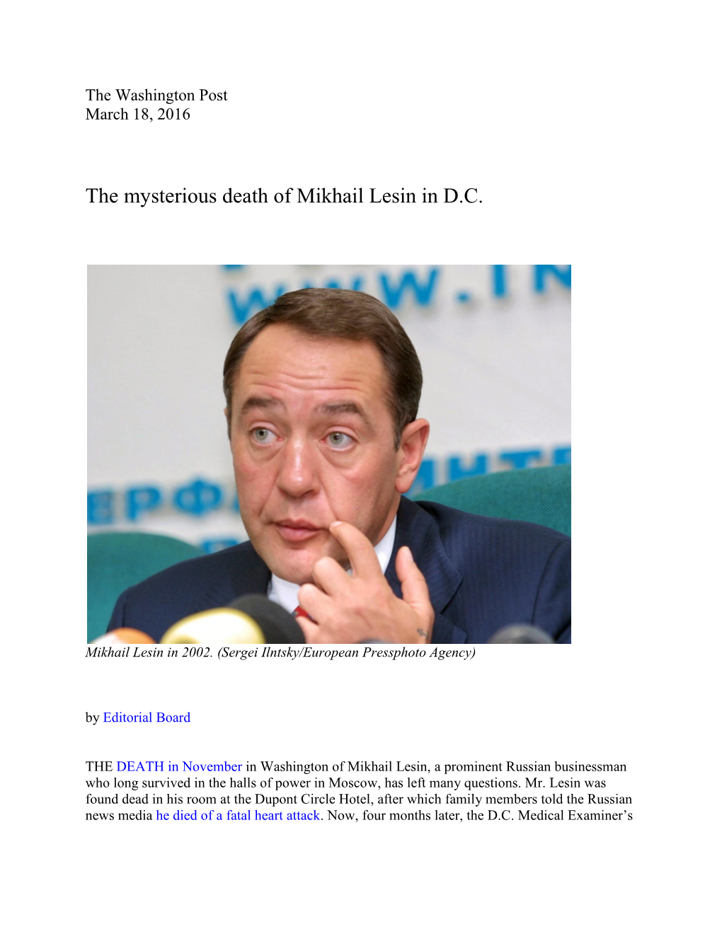 The Mysterious Death of Mikhail Lesin in D.C