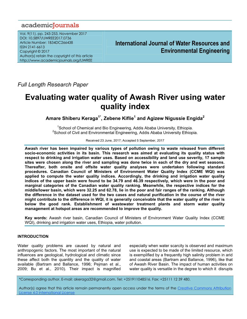 Evaluating Water Quality of Awash River Using Water Quality Index