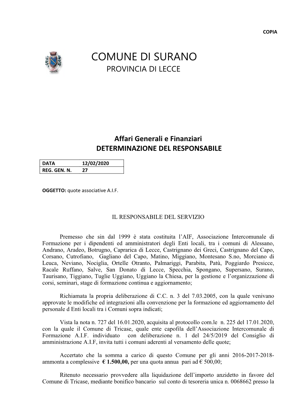 Comune Di Surano Provincia Di Lecce