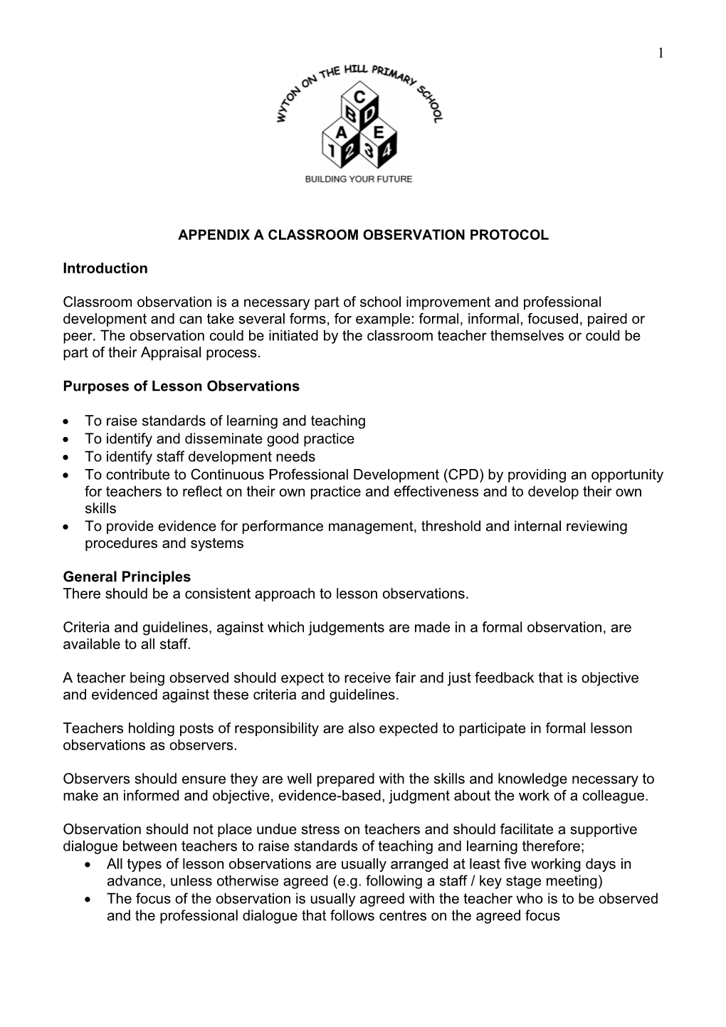 Appendix a Classroom Observation Protocol