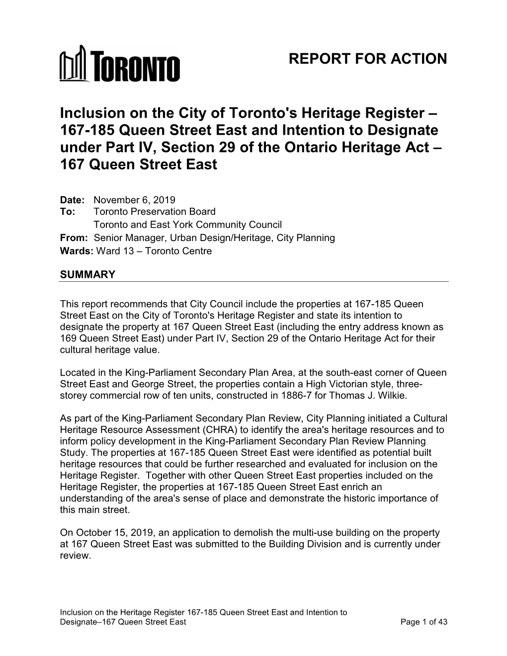 167-185 Queen Street East and Intention to Designate Under Part IV, Section 29 of the Ontario Heritage Act – 167 Queen Street East