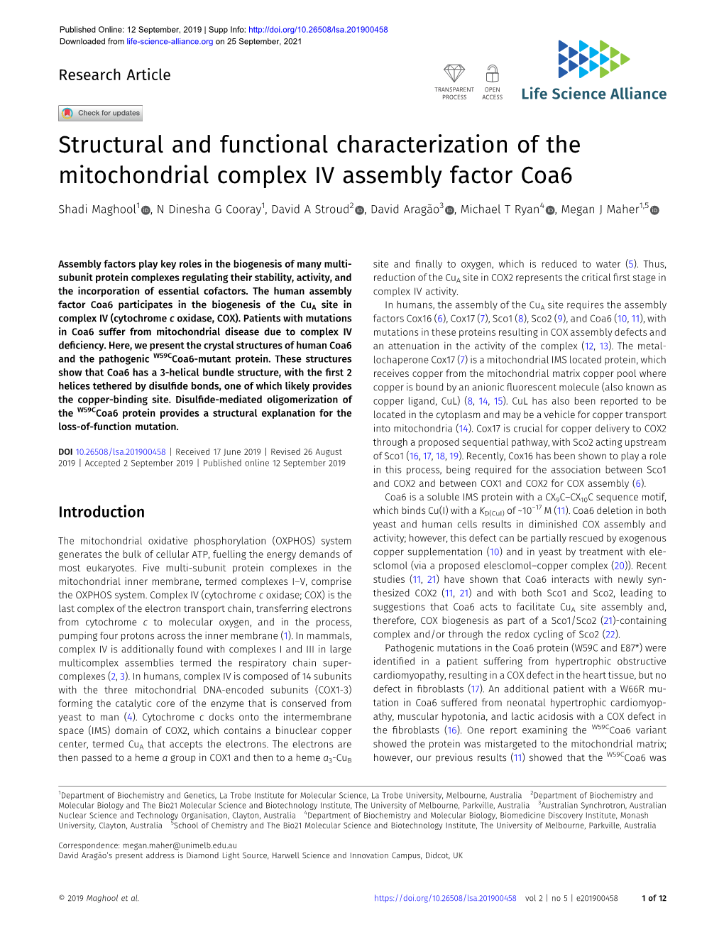 Structural and Functional Characterization of the Mitochondrial Complex IV Assembly Factor Coa6