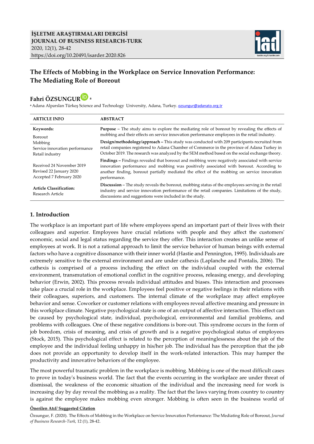 The Effects of Mobbing in the Workplace on Service Innovation Performance: the Mediating Role of Boreout