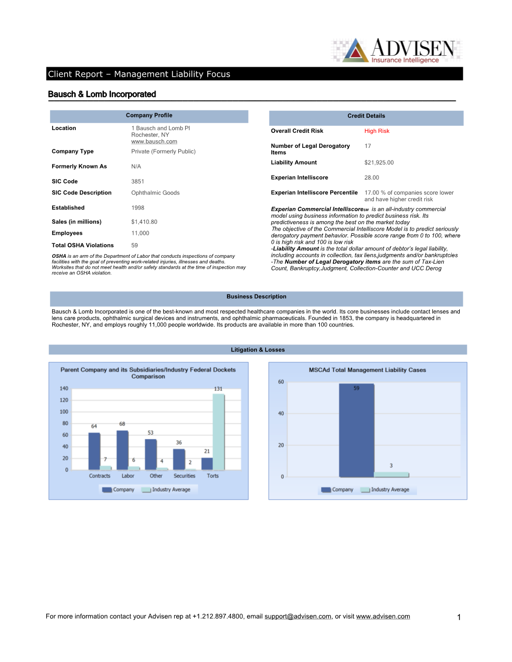 Client Report – Management Liability Focus Bausch & Lomb Incorporated 1