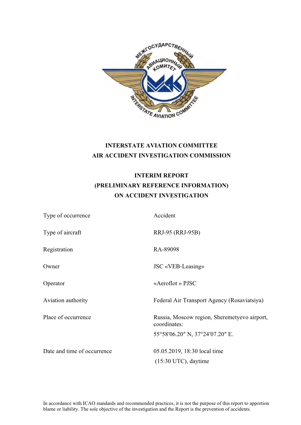 Interstate Aviation Committee Air Accident Investigation Commission Interim Report