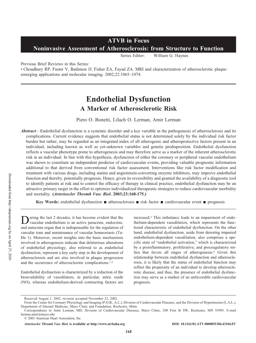 Endothelial Dysfunction a Marker of Atherosclerotic Risk