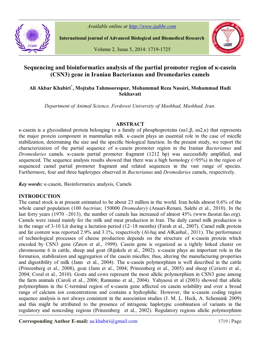 (CSN3) Gene in Iranian Bacterianus and Dromedaries Camels