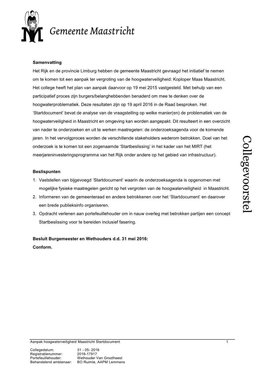 Aanpak Hoogwaterveiligheid Maastricht Startdocument 1