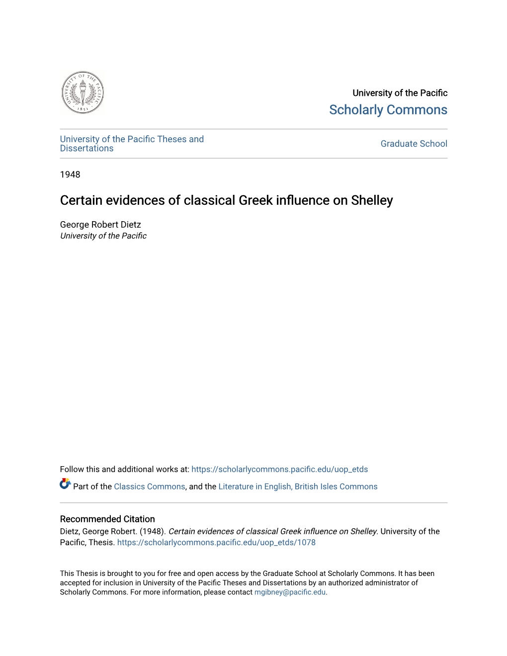 Certain Evidences of Classical Greek Influence on Shelley