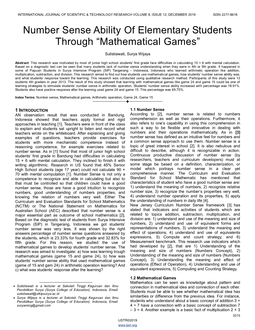 Number Sense Ability of Elementary Students Through ―Mathematical Games‖