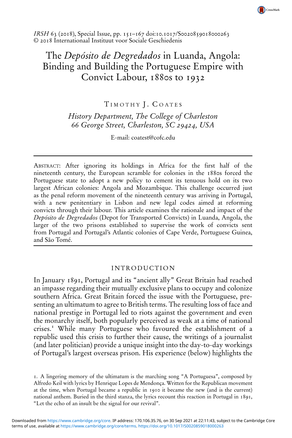 The Depósito De Degredados in Luanda, Angola: Binding and Building the Portuguese Empire with Convict Labour, 1880S to 1932