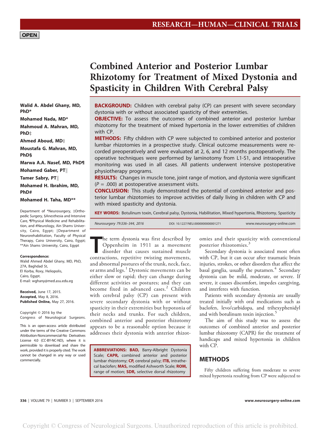 Combined Anterior and Posterior Lumbar Rhizotomy for Treatment of Mixed Dystonia and Spasticity in Children with Cerebral Palsy