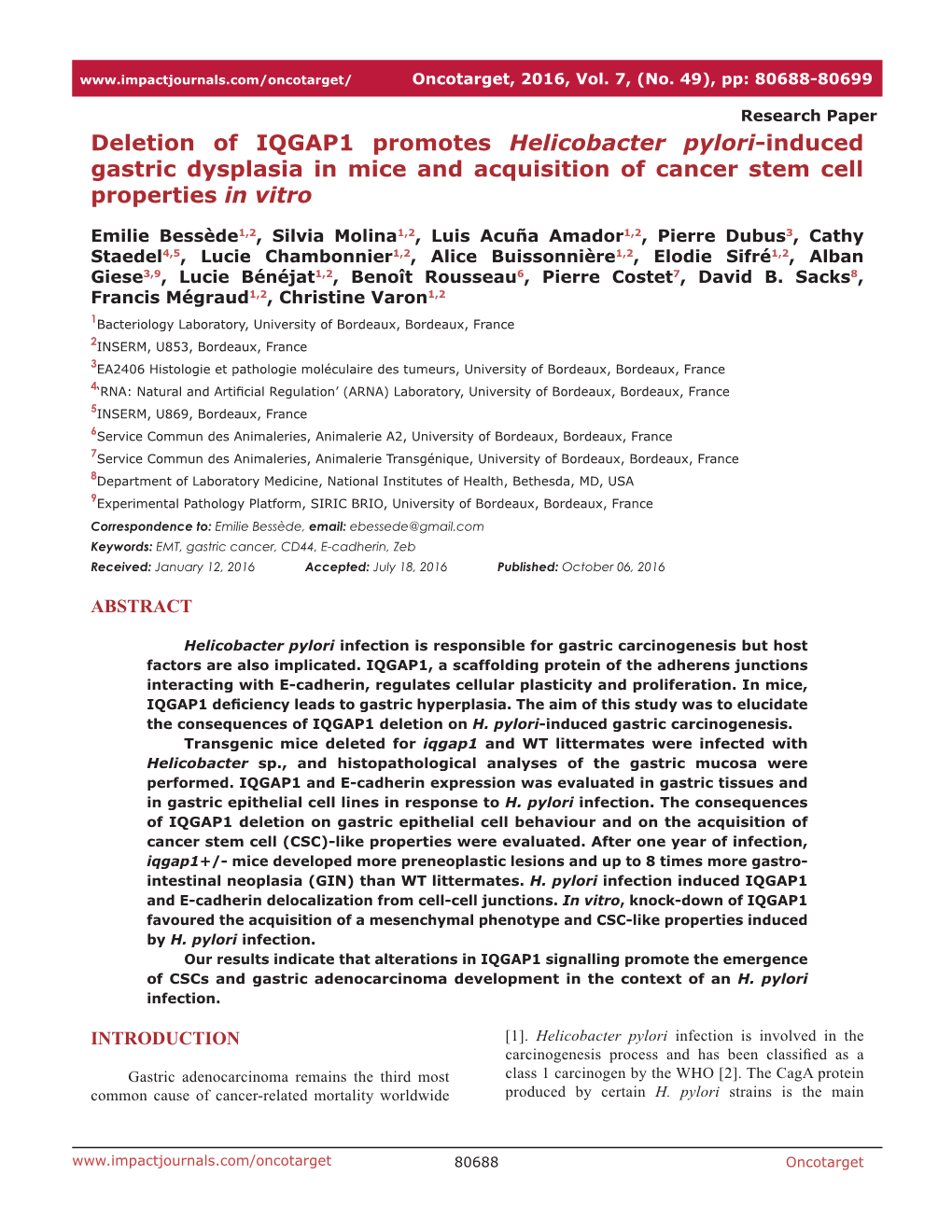 Deletion of IQGAP1 Promotes Helicobacter Pylori-Induced Gastric Dysplasia in Mice and Acquisition of Cancer Stem Cell Properties in Vitro