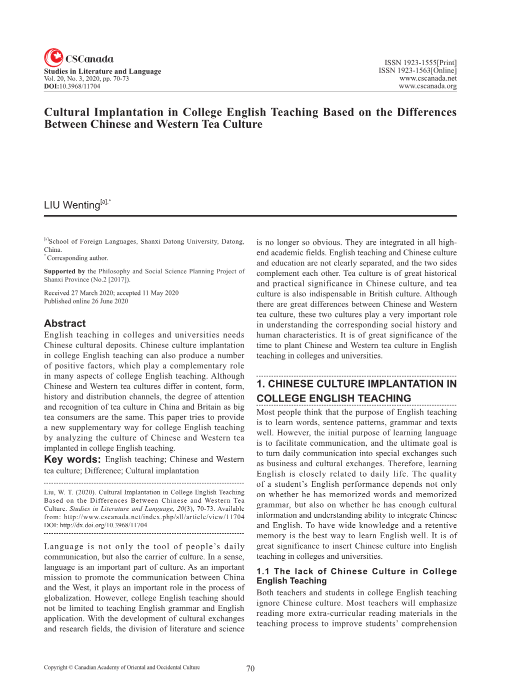 Cultural Implantation in College English Teaching Based on the Differences Between Chinese and Western Tea Culture